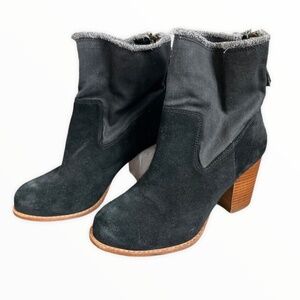 Splendid Leon Dress Boots Block Heel Black Suede Denim Zip Frayed Anthropologie